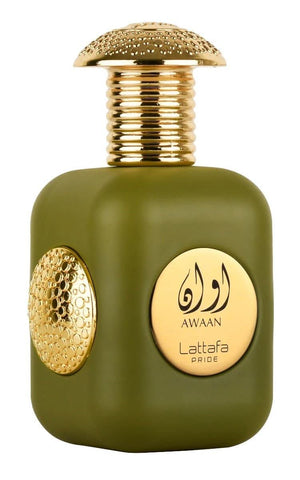 Lattafa Pride Awaan EDP Eau De Parfum 100mL bottle, elegant design, showcasing the luxurious fragrance packaging.