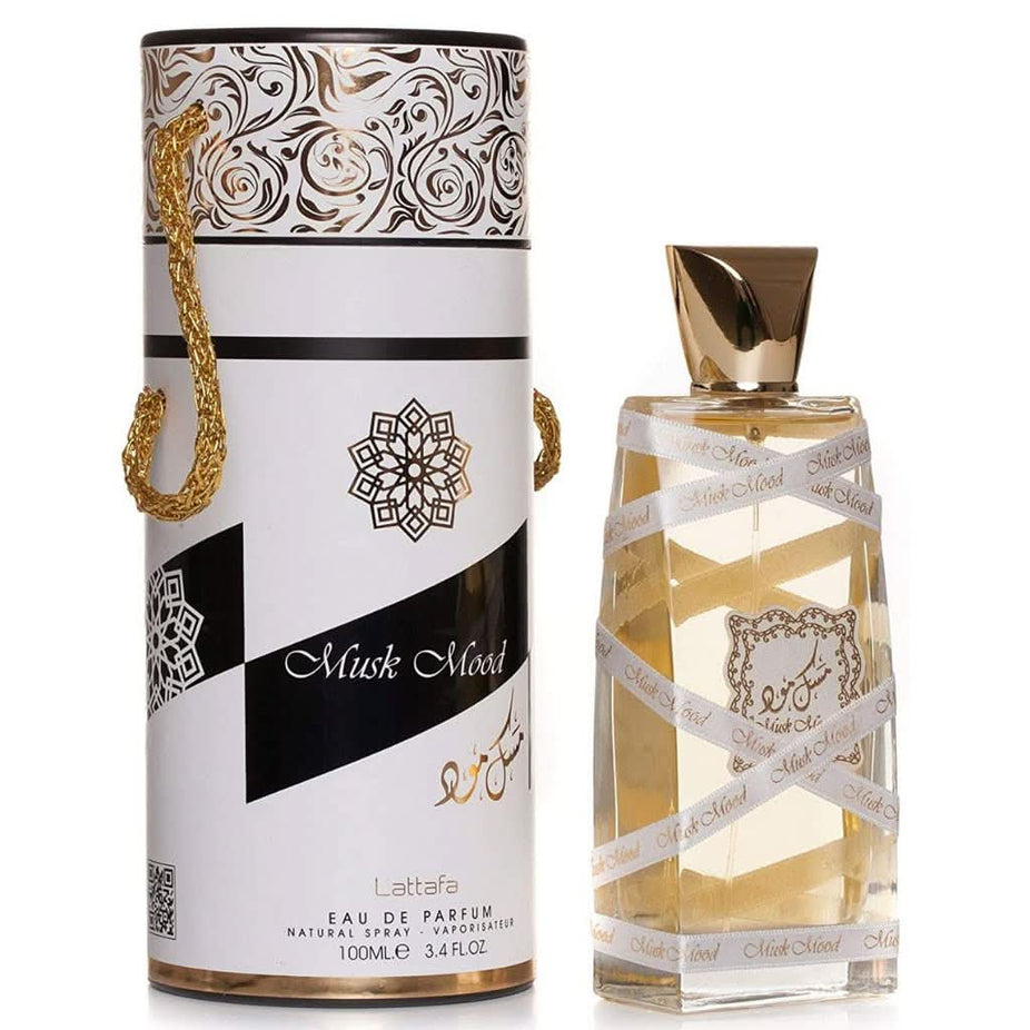 Lattafa Oud Mood, Elixir, Reminicense & Musk Mood EDP 100ml with magnetic gift box, showcasing the elegant perfume bottles.