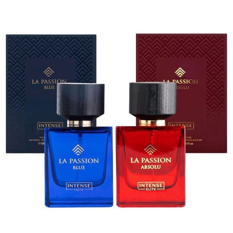 Intense Elite La Passion Blue and Absolu EDP Eau De Parfum 100ml bottle with elegant blue and gold packaging.