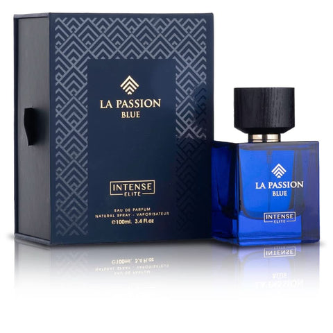 Intense Elite La Passion Blue and Absolu EDP Eau De Parfum 100ml bottle with elegant blue and gold packaging.