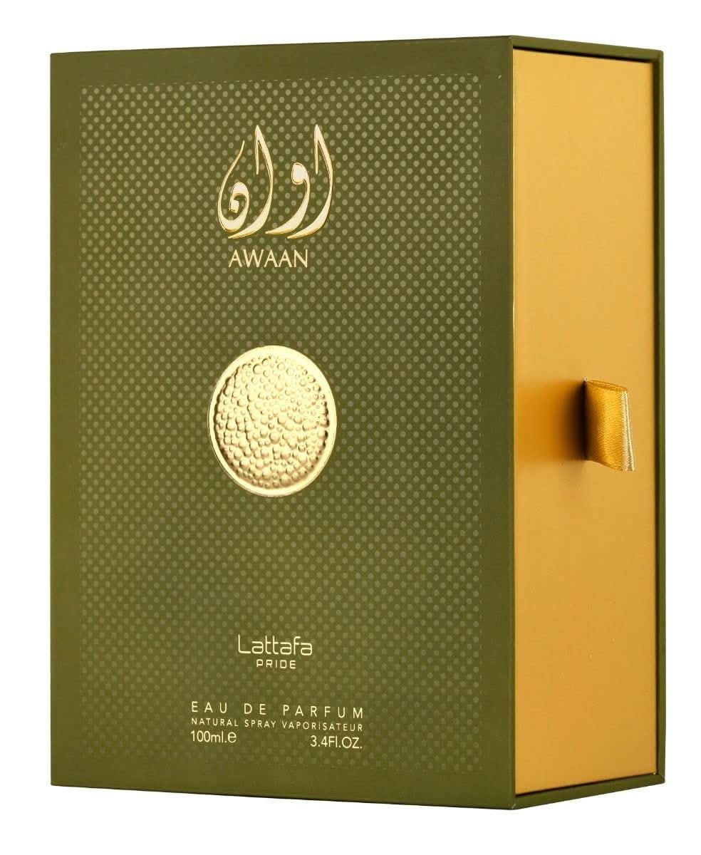 Awaan EDP by Lattafa Pride, 100mL Eau De Parfum bottle with elegant packaging and floral fragrance elements.