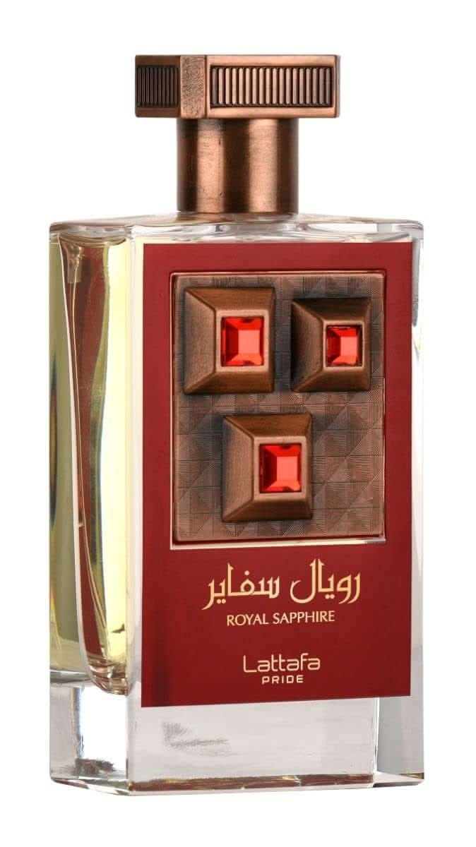 Lattafa Pride Royal Sapphire & Blue Sapphire Unisex Eau de Parfum 100ml bottle with elegant packaging.