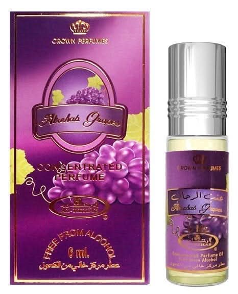 Al Rehab Grapes 6ml concentrated perfume oil bottle with grape scent, clear glass container, and branding label.