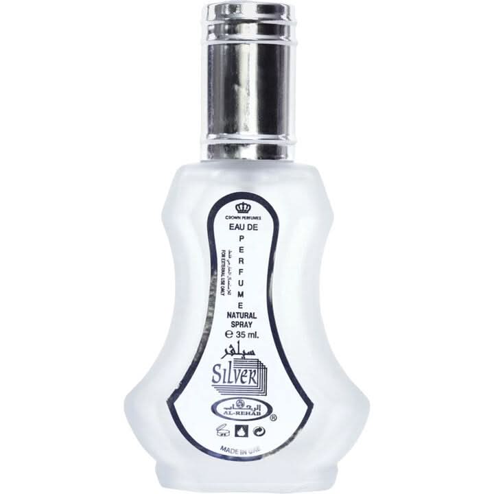 Silver EDP 35ml Eau De Parfum by Al Rehab, showing the sleek silver bottle with a minimalist design.