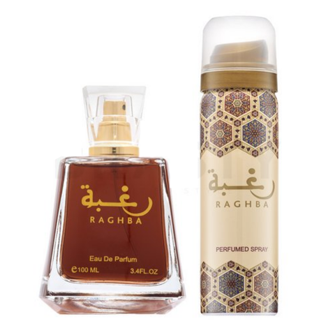 Lattafa Raghba for Women EDP 100ML bottle with velvet pouch, featuring elegant perfume design and packaging.
