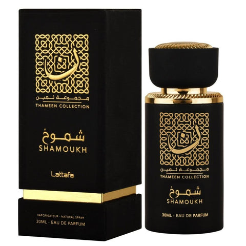 Lattafa Shamoukh EDP 30ml Eau De Parfum bottle with elegant packaging and clear branding, showcasing the fragrance design.