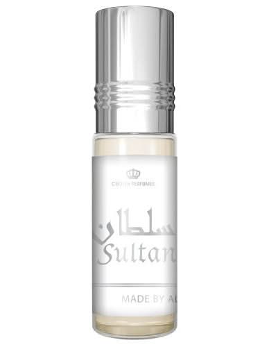 Sultan 6ML concentrated perfume oil by Al Rehab in a small glass bottle with a black cap, showcasing elegant packaging.