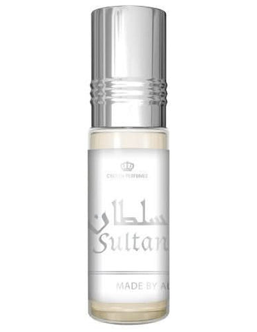 Sultan 6ML concentrated perfume oil by Al Rehab in a small glass bottle with a black cap, showcasing elegant packaging.
