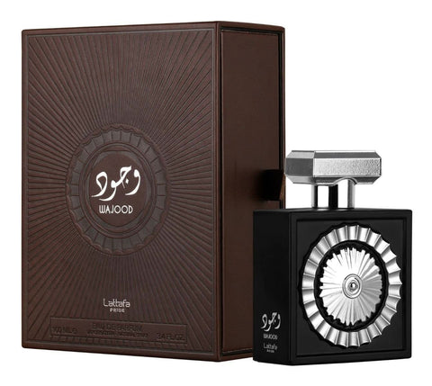 Lattafa Pride Nebras & Wajood Eau De Parfum 100ml bottle, elegant design, showcasing the luxurious fragrance of this popular perfume.