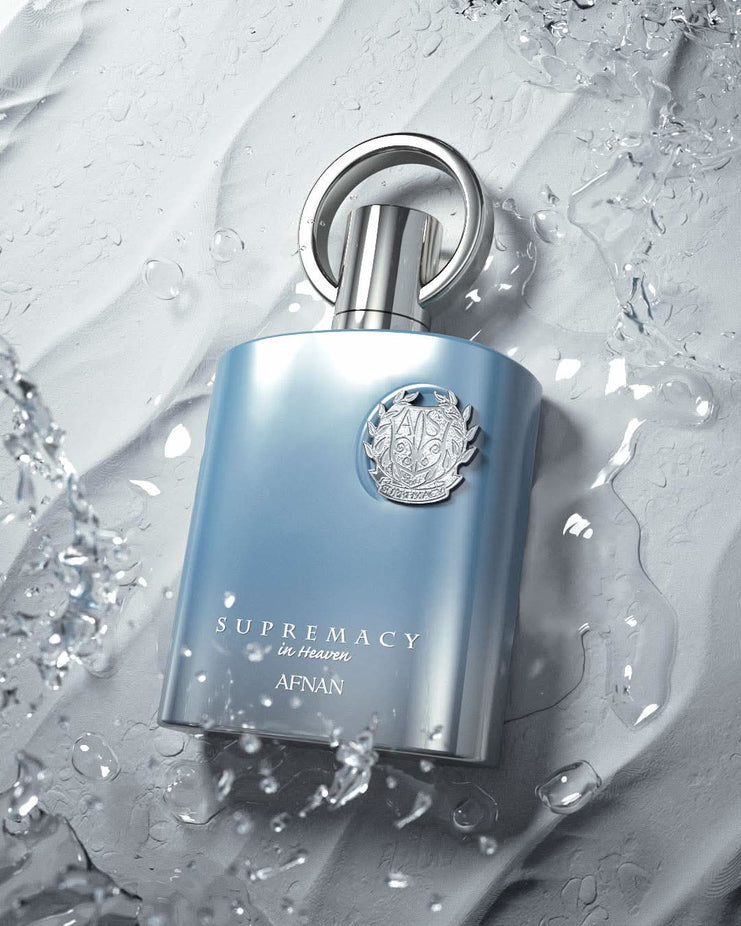 Afnan Supremacy in Heaven Eau De Parfum spray bottle, 100ml, with elegant packaging and floral and woody fragrance notes.