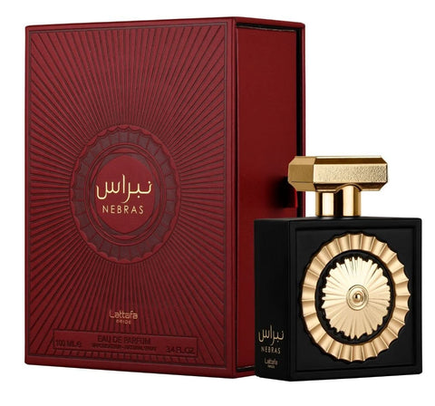 Lattafa Pride Nebras & Wajood Eau De Parfum 100ml bottle with elegant design, showcasing luxurious fragrance packaging.