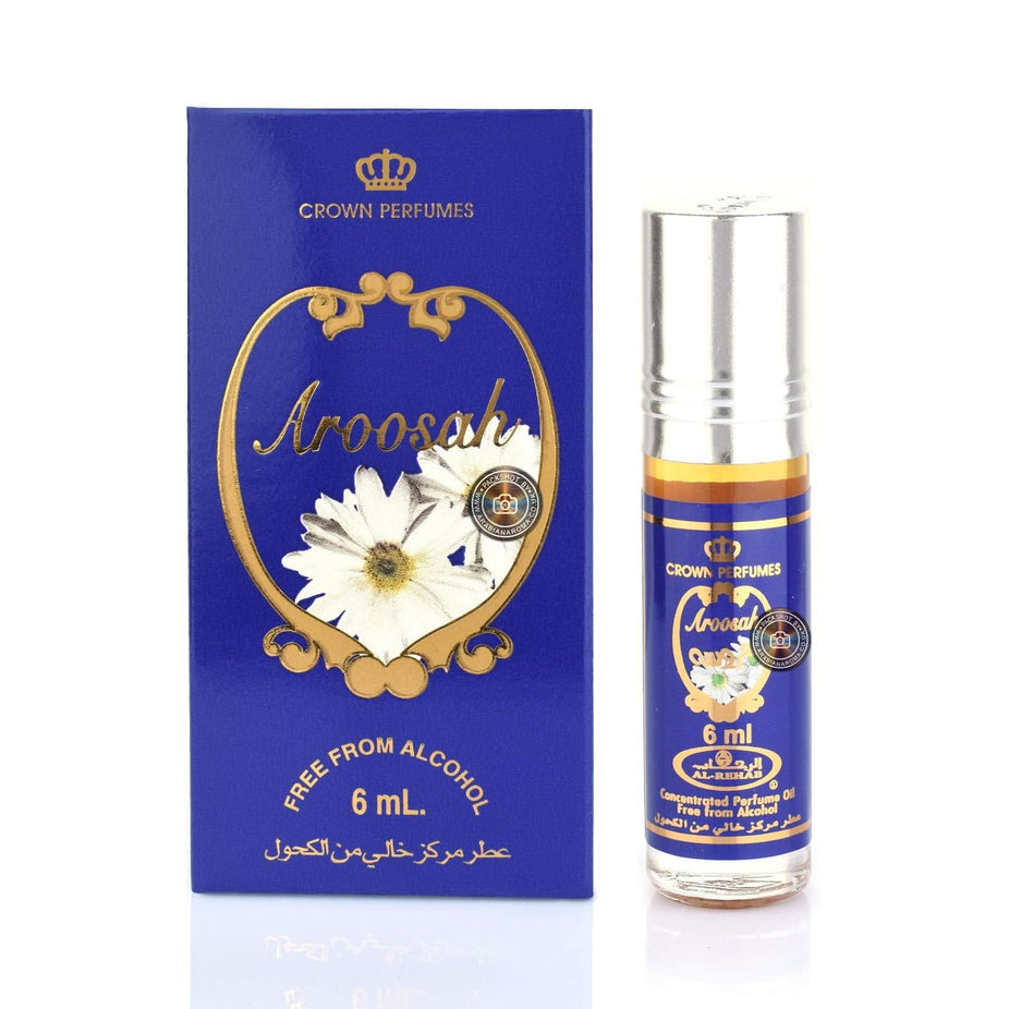 Al-Rehab Aroosah 6ml roll-on perfume oil in a box of six, concentrated CPO fragrance with sleek packaging.