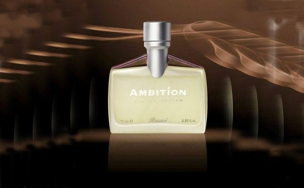 Rasasi Ambition for Men EDP 70ml in a velvet pouch, showcasing the perfume bottle and elegant packaging.