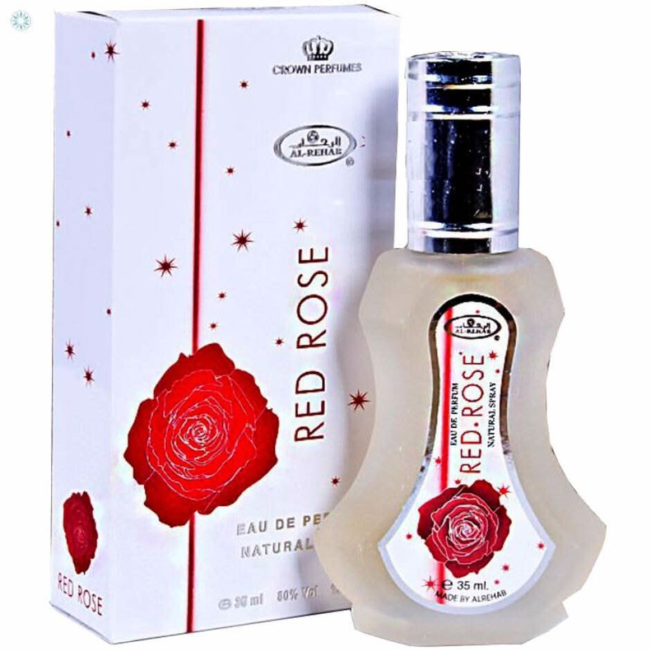 Red Rose Eau De Parfum by Al Rehab in a 35ml bottle, featuring a vibrant red rose design and elegant packaging.
