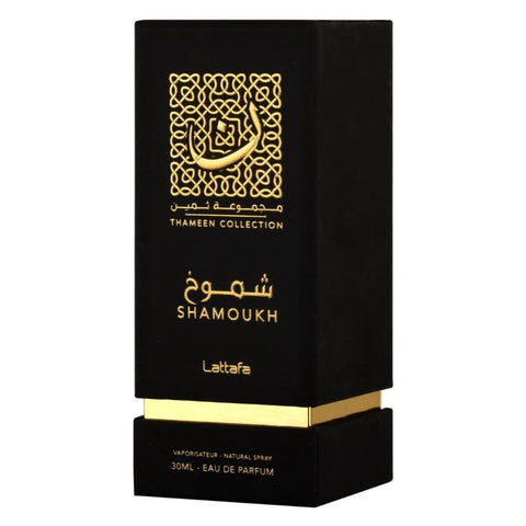 Lattafa Shamoukh EDP 30ml Eau De Parfum bottle with elegant design and perfume cap, showcasing the fragrance bottle.