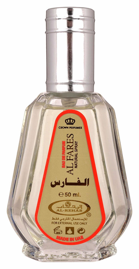 Al Fares Eau De Parfum by Al Rehab, 50ml bottle with elegant design, showcasing the fragrance packaging.