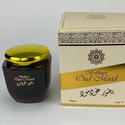 Bakhoor Oud Mood by Ard Al Zaafaran, 80GMS, featuring a decorative container with rich oud fragrance for home use.