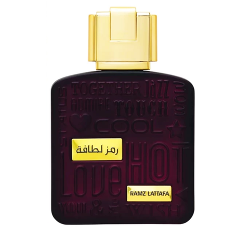 Lattafa Ramz Lattafa Gold women’s 100ml Eau De Parfum bottle with a velvet pouch, elegant gold accents and floral design.