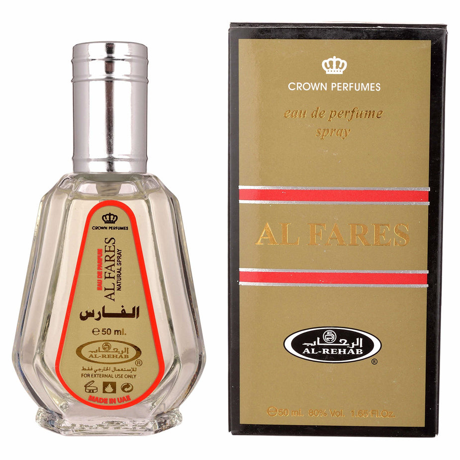 Al Fares Eau De Parfum by Al Rehab in a 50ml bottle, featuring a sleek design and floral, woody fragrance notes.
