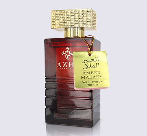Amber Malaky For Him Eau De Parfum by AZHA in a 100ml bottle, featuring a warm amber scent with elegant packaging.