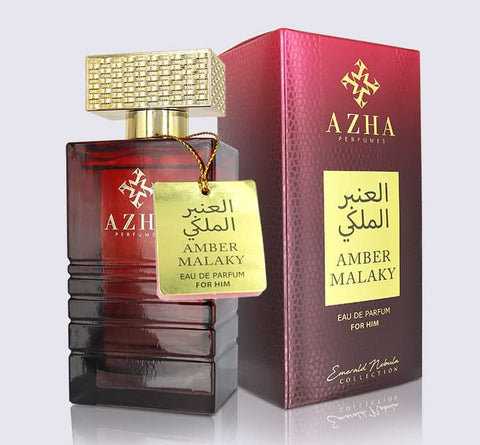 Amber Malaky For Him Eau De Parfum by AZHA, 100ML bottle with amber-colored liquid and sleek packaging.