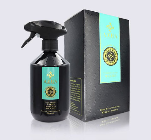 AZHA camping in the woods air freshener 500ml bottle, fresh linen scent, designed for room and linen deodorizing.