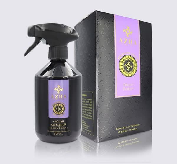 AZHA Fruity Friday room and linen freshener in 500ml bottle, featuring vibrant fruit scent for freshening rooms and linens.