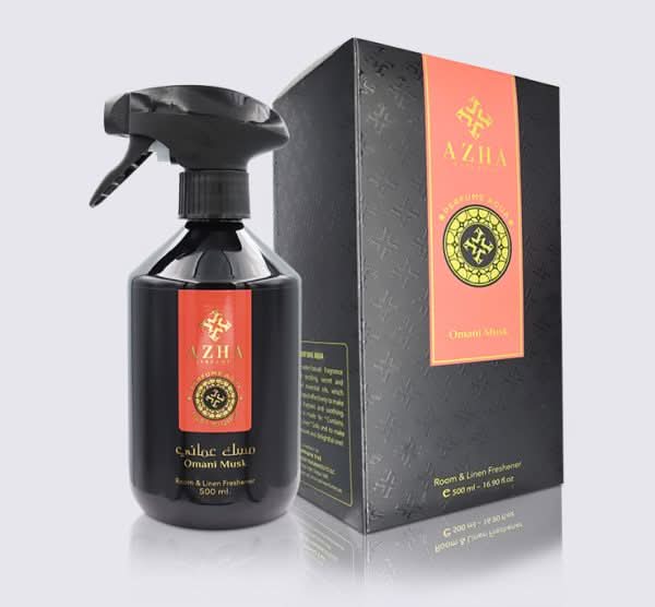 Omani Musk air freshener by AZHA in a 500ml bottle, featuring a luxurious musk scent for rooms and linens.