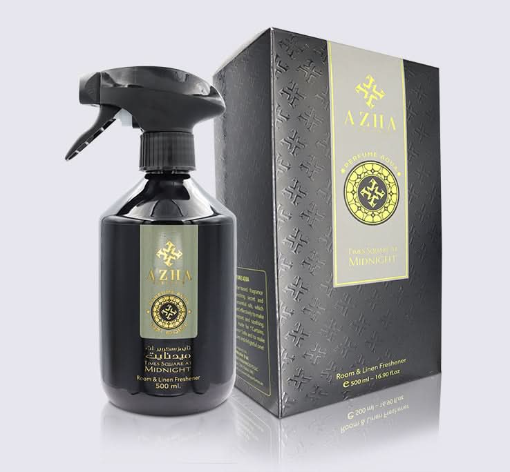 AZHA Times Square At Midnight room and linen freshener spray bottle, 500ml, with blue label and cap, for freshening air and fabrics.