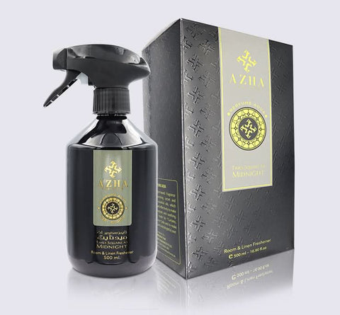 AZHA Times Square At Midnight room and linen freshener spray bottle, 500ml, with blue label and cap, for freshening air and fabrics.