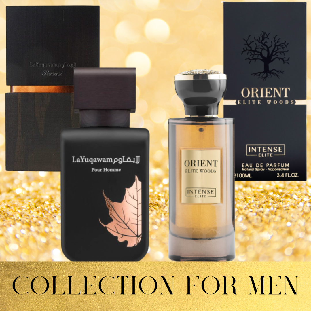 Intense Elite Collection for Men includes La Yuqawam and Orient Elite Woods Eau De Parfums, 75ml and 100ml bottles.