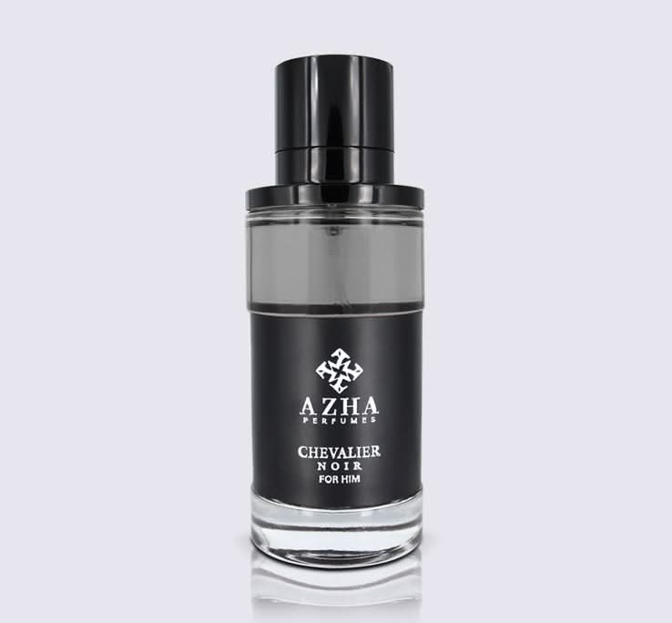 Azha Chevalier Noir For Him Eau De Parfum 100ml bottle with dark, sleek design and elegant cap, showcasing sophisticated fragrance branding.
