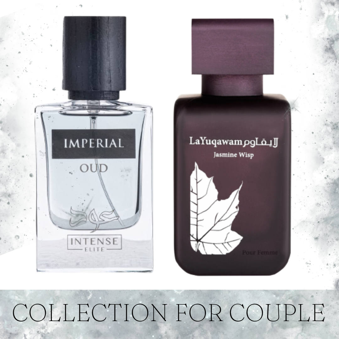 Intense Elite couple set featuring Imperial Oud Men EDP 90ml and La Yuqawam Jasmine Wisp Women EDP 75ml perfume bottles.