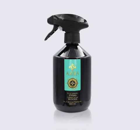 Azha Camping in the Woods air freshener bottle, 500ml, with forest and camping scene label, fresh linen scent.