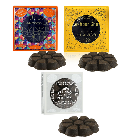 Variety 3 Pack Nabeel Bakhoor - Ghawi, WOW, and Marble - 30GMS by Nabeel Perfumes - Intense Oud