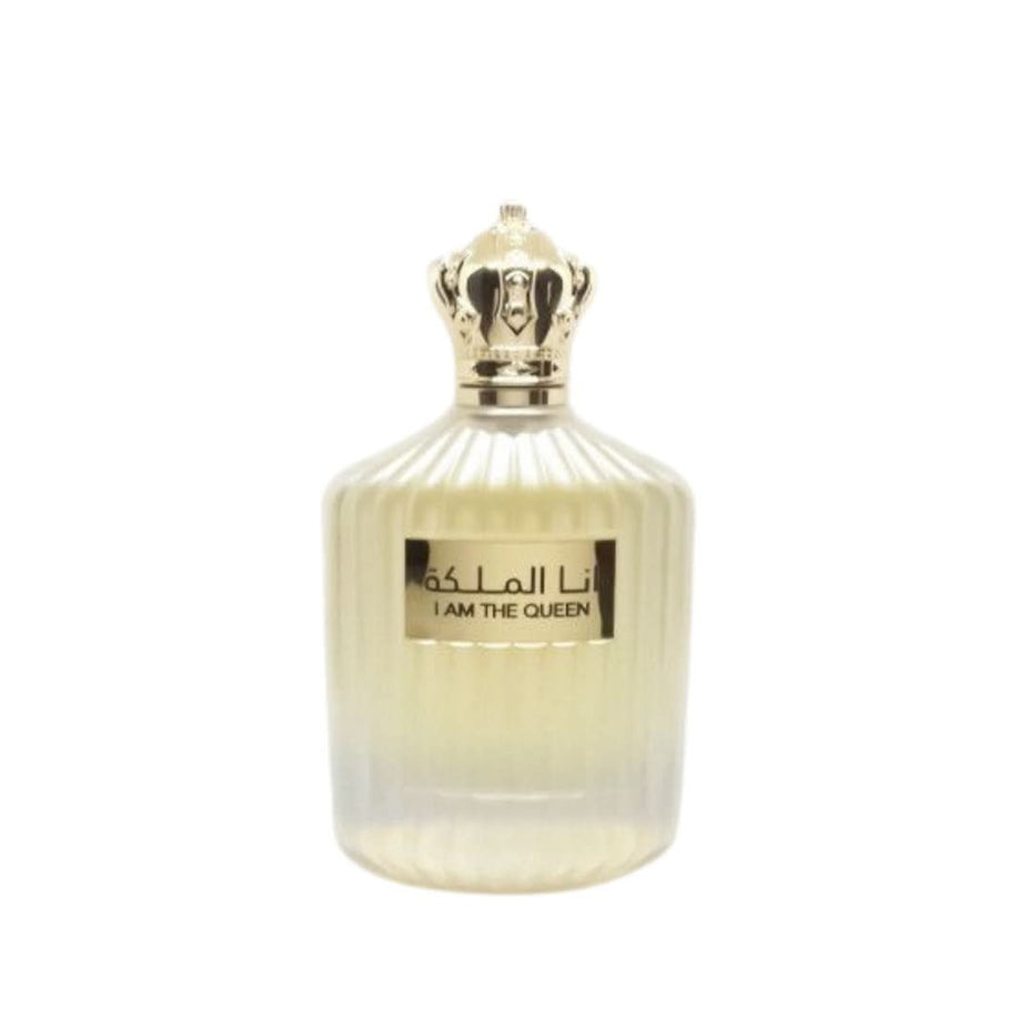 Ard Al Zaafaran I Am the Queen EDP for Women 100ml with velvet pouch, featuring elegant perfume bottle design and floral accents.