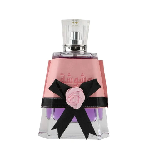 Lattafa Washwashah EDP for women in 100mL bottle with velvet pouch, elegant perfume with floral and oriental fragrance notes.