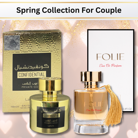 Intense Elite Confidential Gold & Folie Eau De Parfum Spring Collection for couples, 100ml, showcasing elegant perfume bottles and couple's set