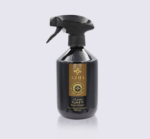 AZHA Dubai Desert linen and room freshener in a 500ml spray bottle with desert-inspired design, ideal for freshening indoor spaces.