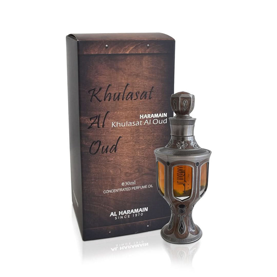 Al Haramain Khulasat Al Oud Concentrated Perfume Oil 30ml bottle with elegant packaging, showcasing the luxurious fragrance oil.