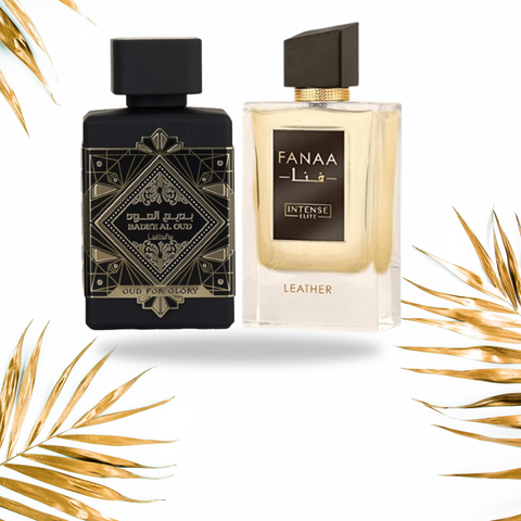 FANAA Leather Men Eau De Parfum by Intense Oud and Bade'e Al Oud Glory Eau De Parfum by Lattafa, featuring sleek perfume bottles.