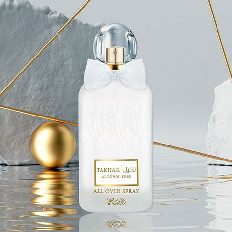Rasasi Takhail All Over Spray Eau De Parfum 100ml with cedarwood, sandalwood, and musk scents, alcohol-free spray.