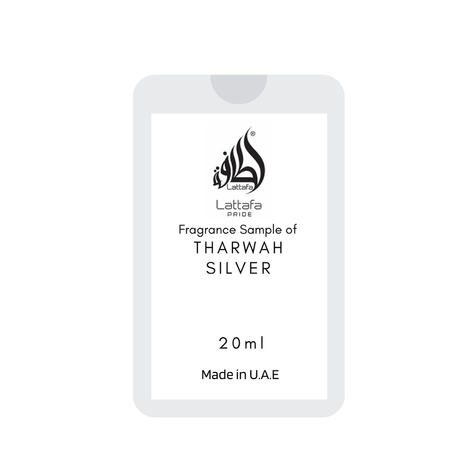 Lattafa Pride Tharwah Silver EDP fragrance sample bottle, 20mL (0.7oz), showcasing the perfume tester with a sleek design.