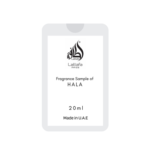 Lattafa Pride Hala EDP fragrance sample in 20mL tester bottle, showcasing the perfume's elegant design.