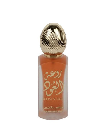 Lattafa Rouat Al Oud Hair Mist 50ml, featuring elegant packaging and a floral oud fragrance for nourishing hair refreshment.