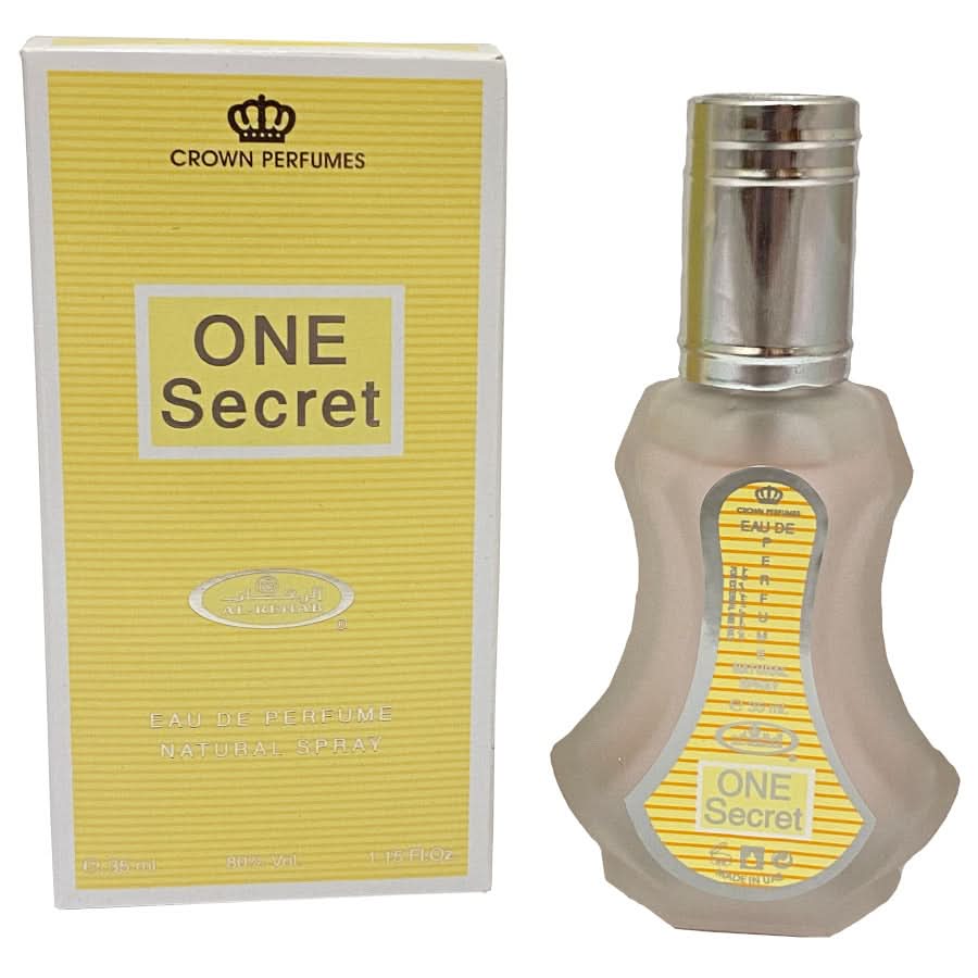 Al Rehab One Secret EDP 35ml Eau De Parfum bottle with gold and purple packaging, showcasing the fragrance design.
