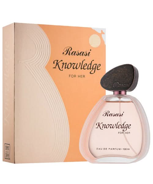 Rasasi Knowledge for Women EDP bottle, 100 ML, elegant glass perfume bottle with floral and fruity notes visible.