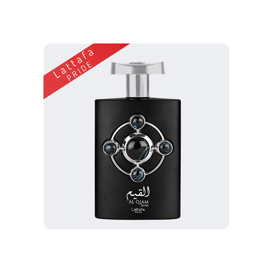 Lattafa Pride Al Qiam Silver Tester perfume sample in 20mL bottle, featuring a sleek design and silver label.