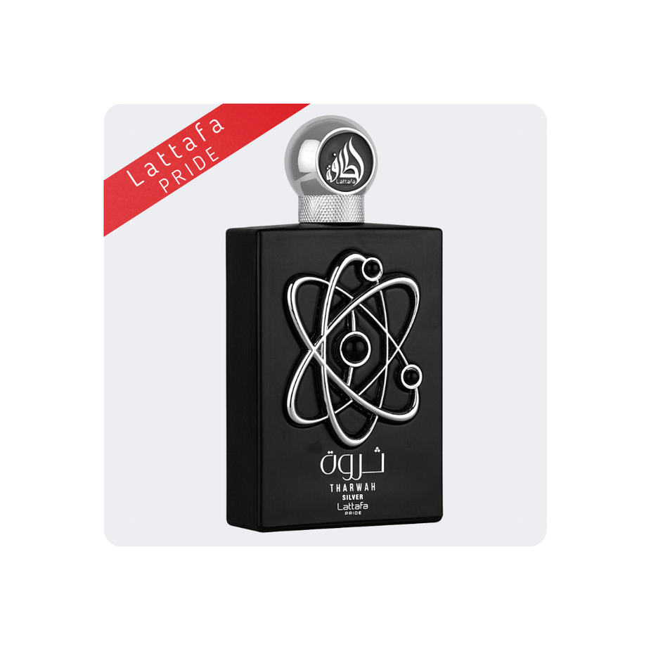 Lattafa Pride Tharwah Silver EDP tester 20mL fragrance sample with silver cap and packaging, showcasing the perfume bottle.