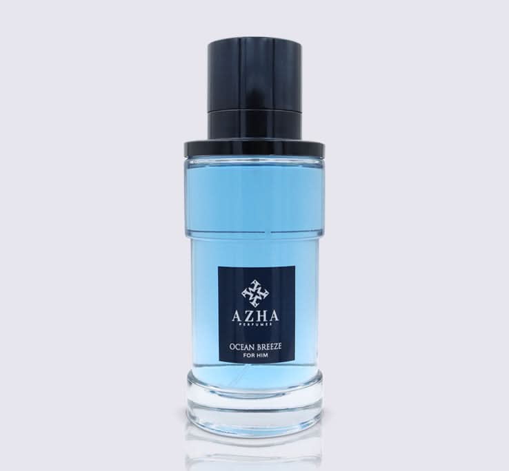 Azha Ocean Breeze For Him Eau De Parfum bottle with ocean-themed label, showcasing sleek design and blue color.